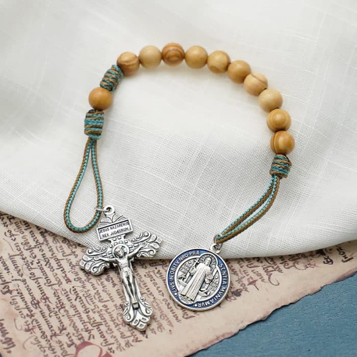 绳编手链-本笃-橄榄木-蓝珐琅彩-10mm珠径 Catholic religious art