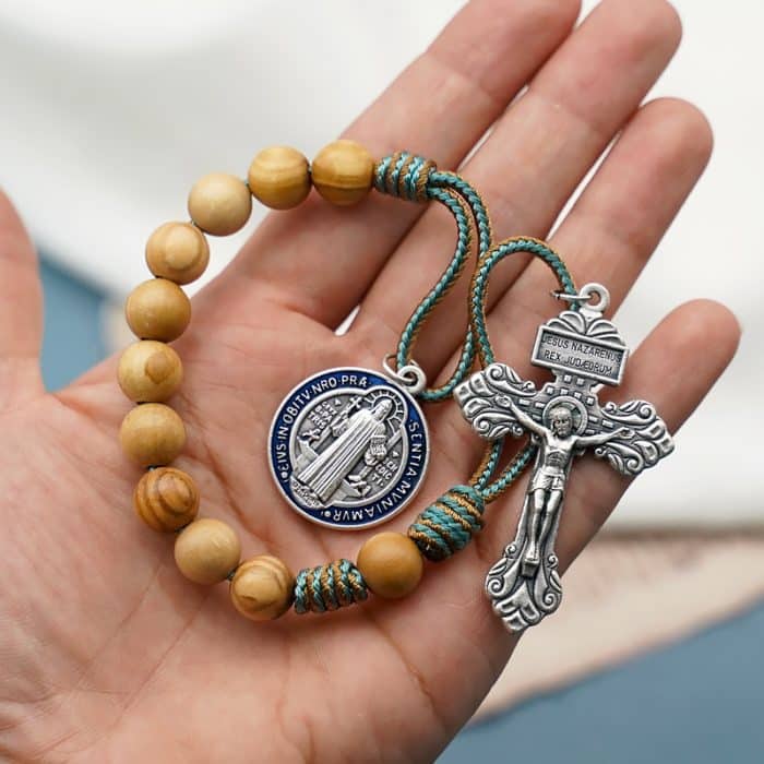 绳编手链-本笃-橄榄木-蓝珐琅彩-10mm珠径 Catholic religious art