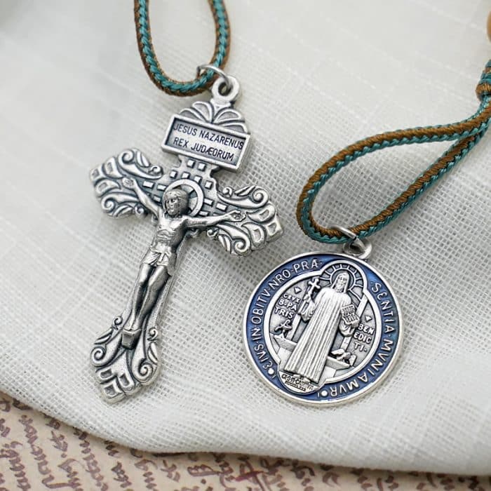 绳编手链-本笃-橄榄木-蓝珐琅彩-10mm珠径 Catholic religious art