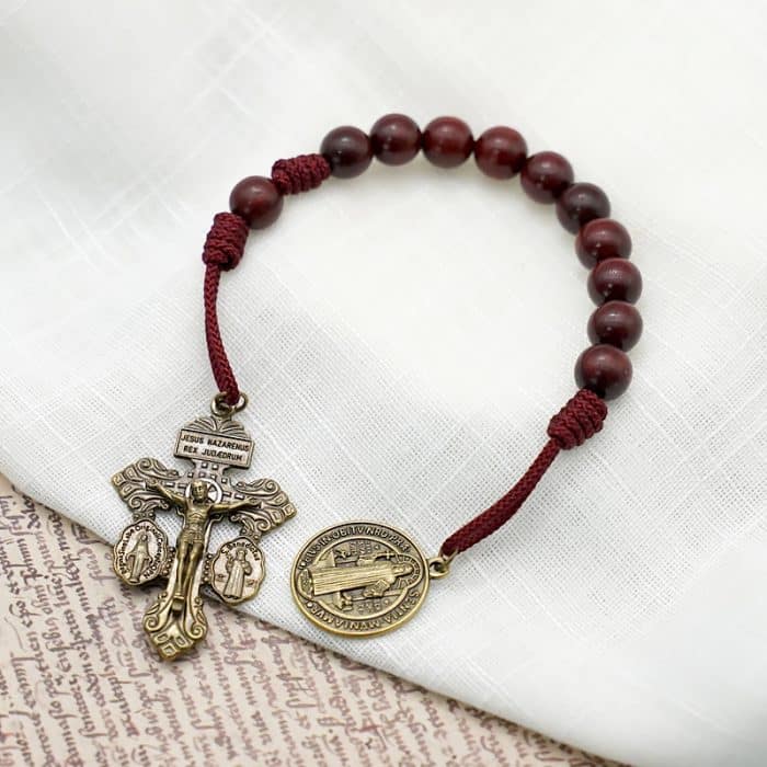 绳编手链-本笃-紫檀木-铜色-10mm珠径 Catholic religious art