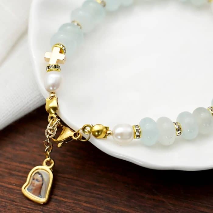 龙虾扣手链-车轮珠浅蓝色-默主哥耶吊坠-5x8mm Catholic religious art