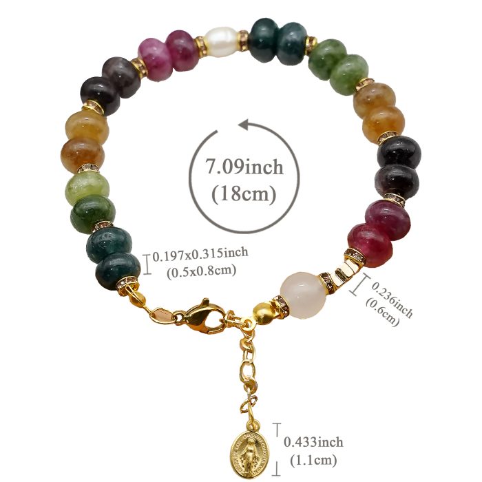 龙虾扣手链-车轮珠彩色碧玺-圣母显灵吊坠-5x8mm Catholic religious art