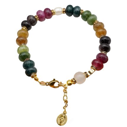 龙虾扣手链-车轮珠彩色碧玺-圣母显灵吊坠-5x8mm