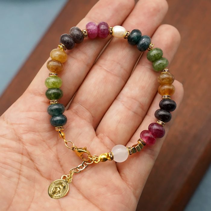 龙虾扣手链-车轮珠彩色碧玺-圣母显灵吊坠-5x8mm Catholic religious art