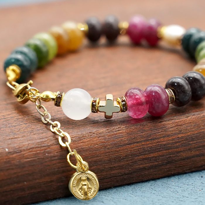 龙虾扣手链-车轮珠彩色碧玺-圣母显灵吊坠-5x8mm Catholic religious art