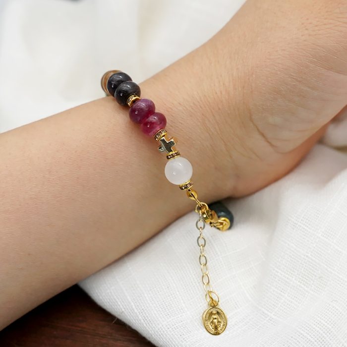 龙虾扣手链-车轮珠彩色碧玺-圣母显灵吊坠-5x8mm Catholic religious art