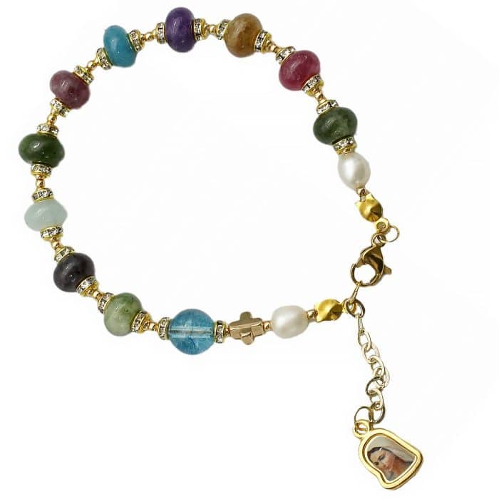 龙虾扣手链-车轮珠彩色碧玺-默主哥耶吊坠-5x8mm Catholic religious art