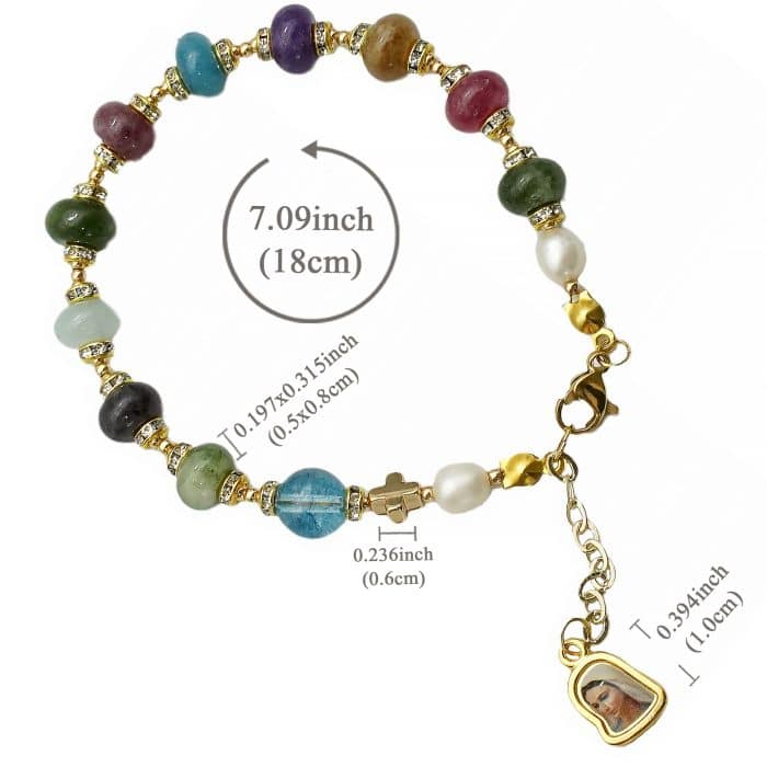 龙虾扣手链-车轮珠彩色碧玺-默主哥耶吊坠-5x8mm Catholic religious art