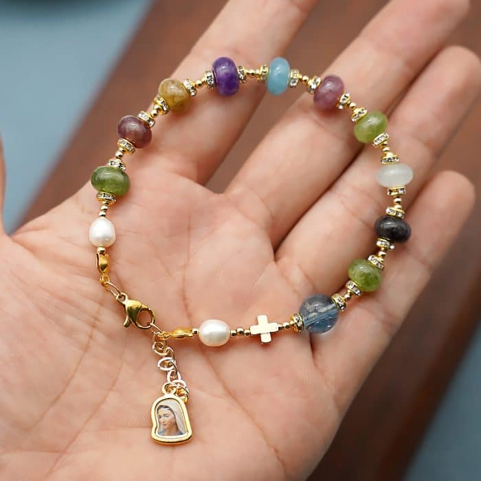 龙虾扣手链-车轮珠彩色碧玺-默主哥耶吊坠-5x8mm Catholic religious art