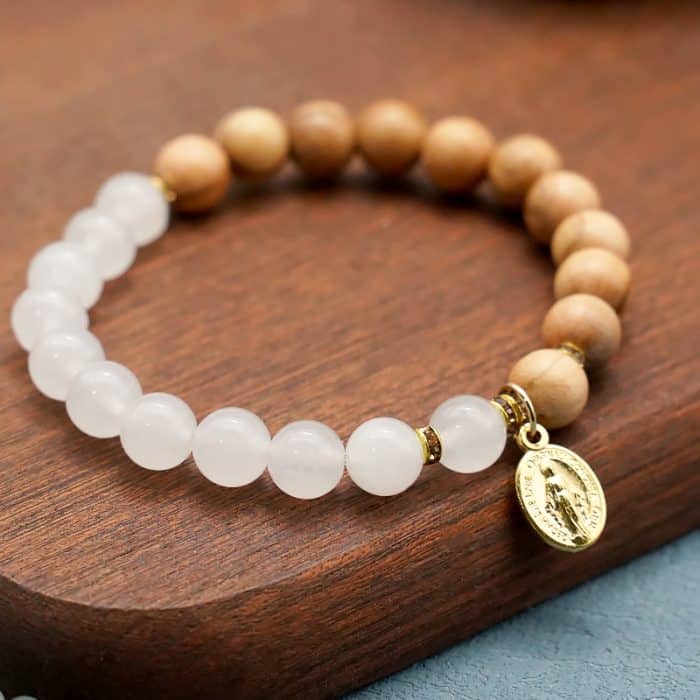 弹力手链-白玉髓橄榄木-圣母显灵金色吊坠-8mm Catholic religious art