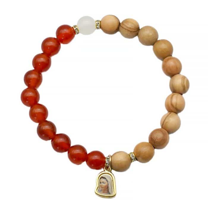 弹力手链-原色玛瑙橄榄木-默主哥耶金色吊坠-8mm Catholic religious art