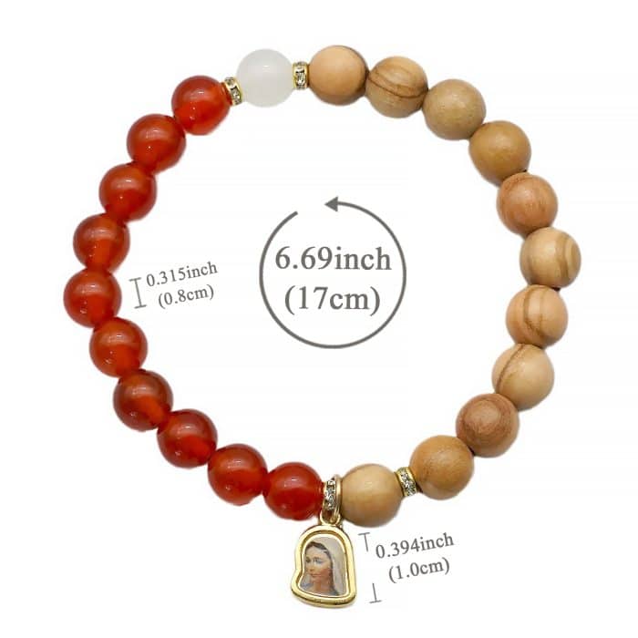 弹力手链-原色玛瑙橄榄木-默主哥耶金色吊坠-8mm Catholic religious art