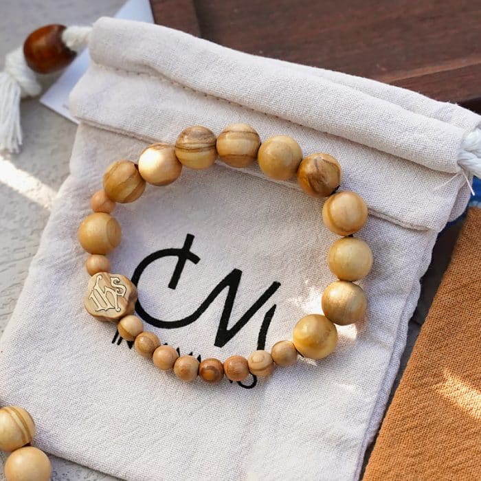 弹力手链-IHS符号-橄榄木-1.0cm-11颗珠 Catholic religious art