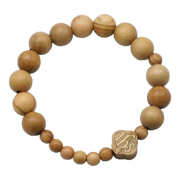 弹力手链-IHS符号-橄榄木-1.0cm-13颗珠 Catholic religious art