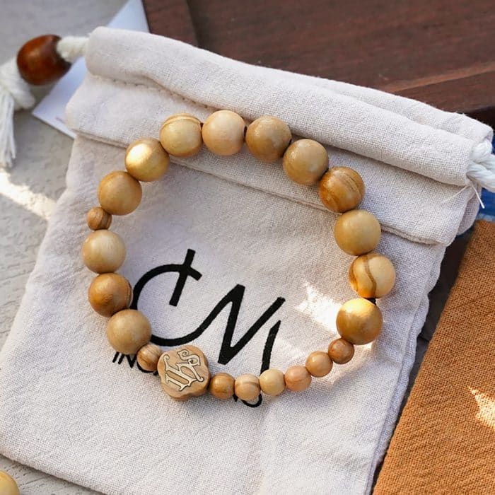 弹力手链-IHS符号-橄榄木-1.0cm-13颗珠 Catholic religious art