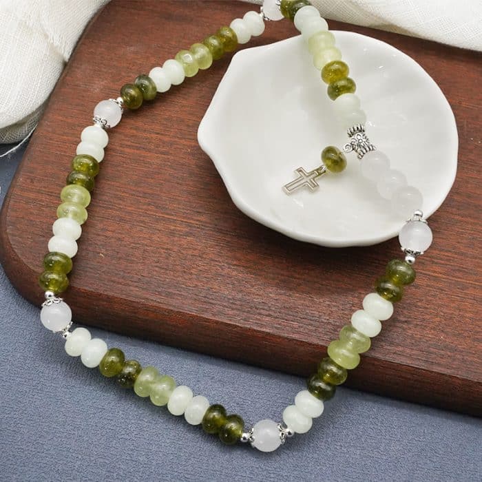 弹力手链-十字架吊坠-绿色玉髓-渐变 Catholic religious art
