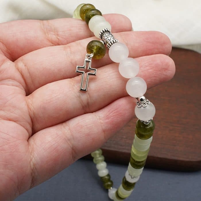弹力手链-十字架吊坠-绿色玉髓-渐变 Catholic religious art