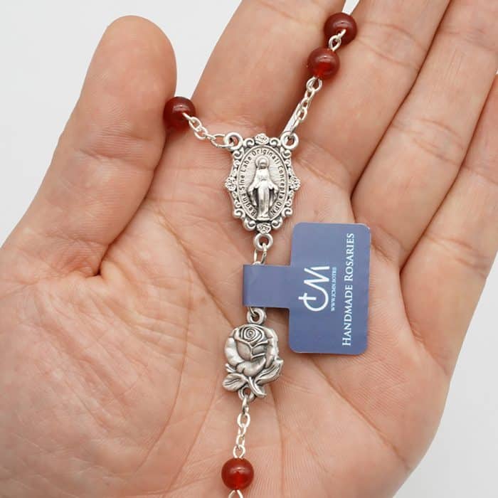 玫瑰念珠-圣母显灵-玫瑰花圣牌-天然红玛瑙-6mm Catholic religious art