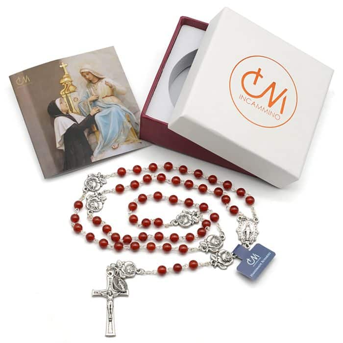 玫瑰念珠-圣母显灵-玫瑰花圣牌-天然红玛瑙-6mm Catholic religious art