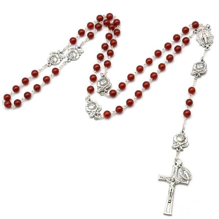 玫瑰念珠-圣母显灵-玫瑰花圣牌-天然红玛瑙-6mm Catholic religious art