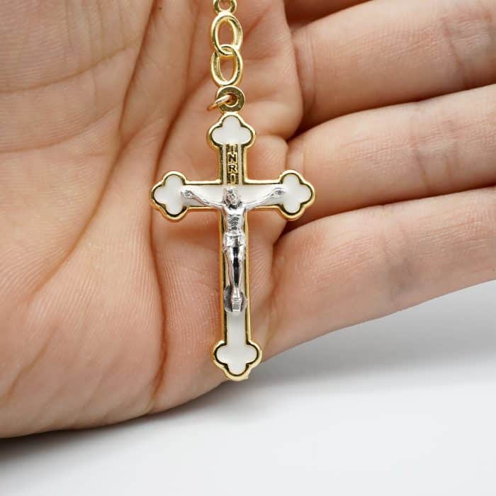 玉髓珠玫瑰念珠 - 珐琅十字架与意大利配件，附礼盒 Catholic religious art