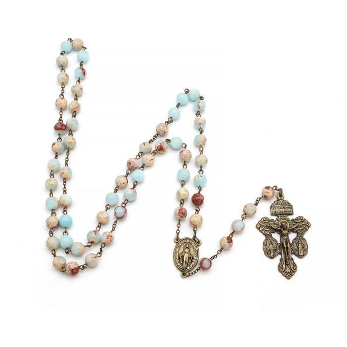 Rosary Beads- Miraculous Medal - Shoushan Stone Beads (With Madonna and Child Zipper Pouch) Catholic religious art