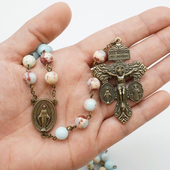 Rosary Beads- Miraculous Medal - Shoushan Stone Beads (With Madonna and Child Zipper Pouch) Catholic religious art