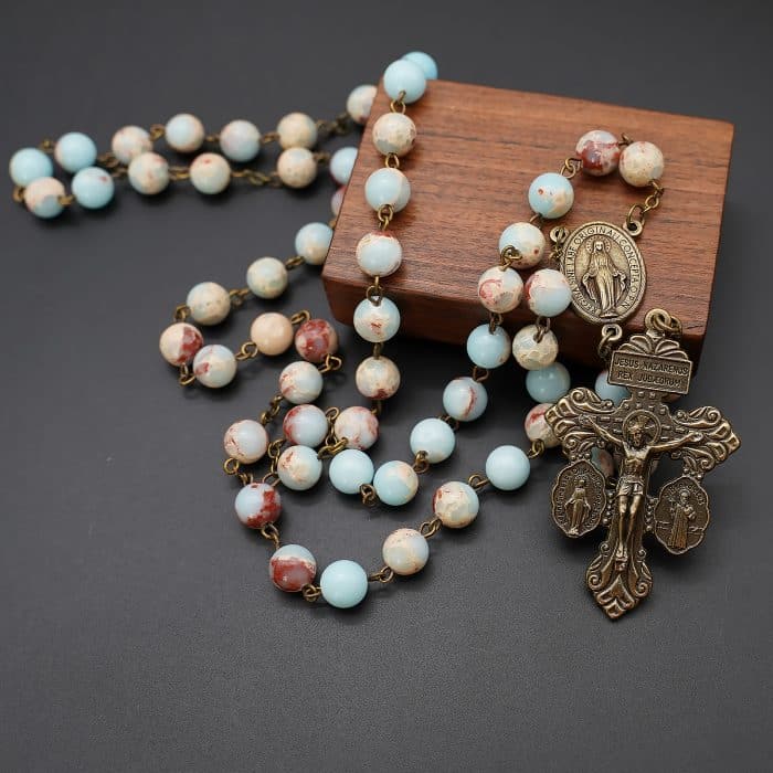 Rosary Beads- Miraculous Medal - Shoushan Stone Beads (With Madonna and Child Zipper Pouch) Catholic religious art