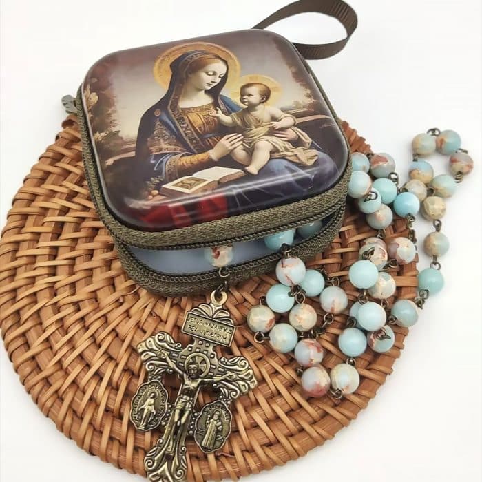 Rosary Beads- Miraculous Medal - Shoushan Stone Beads (With Madonna and Child Zipper Pouch) Catholic religious art