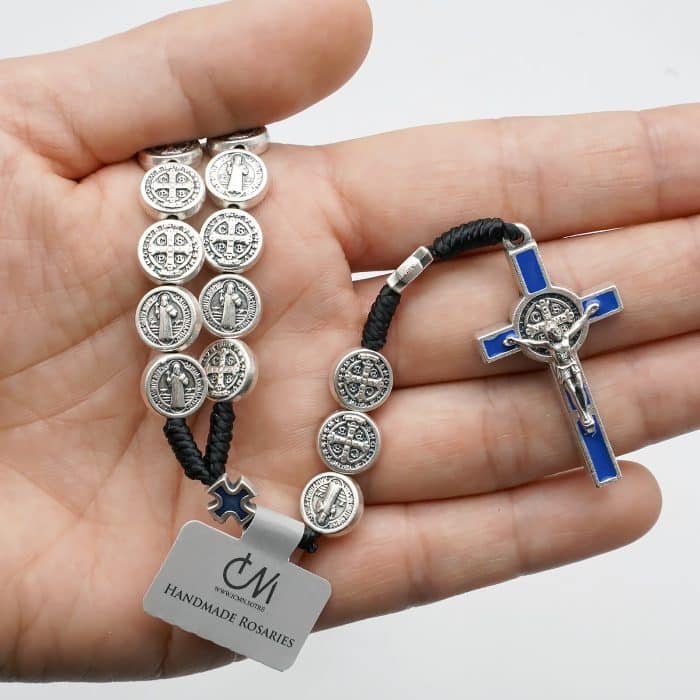 手工编织圣本笃玫瑰念珠 - 珐琅十字架与圣本笃奖章 Catholic religious art