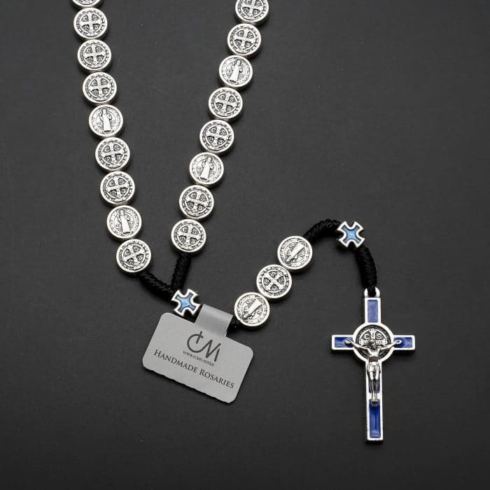 手工编织圣本笃玫瑰念珠 - 珐琅十字架与圣本笃奖章 Catholic religious art