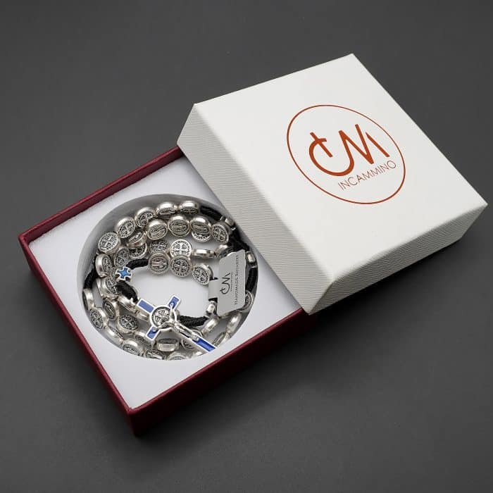 手工编织圣本笃玫瑰念珠 - 珐琅十字架与圣本笃奖章 Catholic religious art