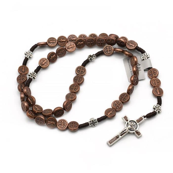 手工编织圣本笃玫瑰念珠 - 珐琅十字架与圣本笃奖章 Catholic religious art