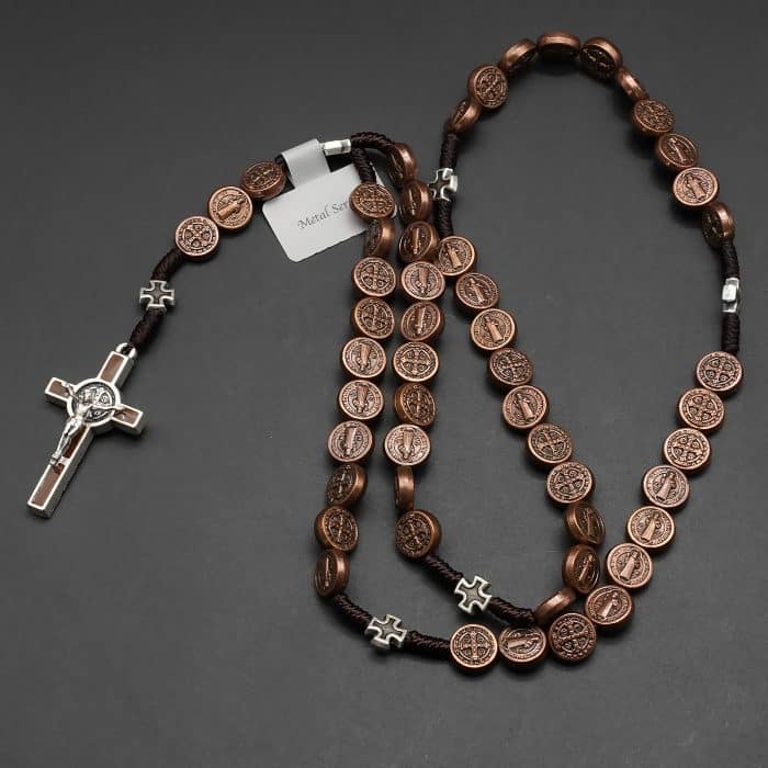 手工编织圣本笃玫瑰念珠 - 珐琅十字架与圣本笃奖章 Catholic religious art