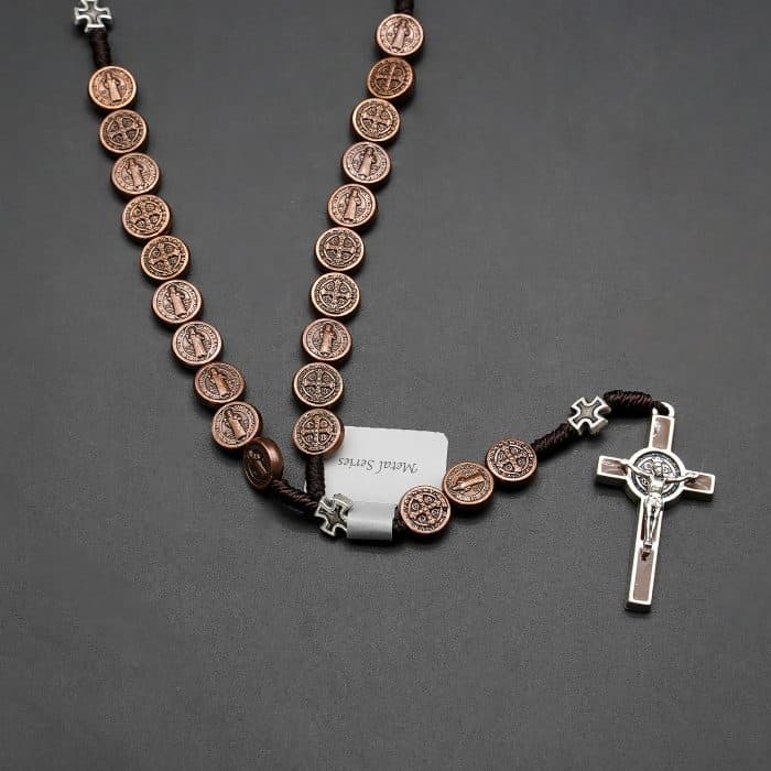 手工编织圣本笃玫瑰念珠 - 珐琅十字架与圣本笃奖章 Catholic religious art