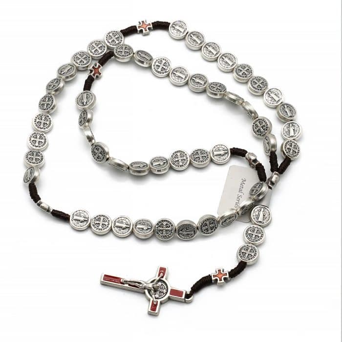 手工编织圣本笃玫瑰念珠 - 珐琅十字架与圣本笃奖章 Catholic religious art