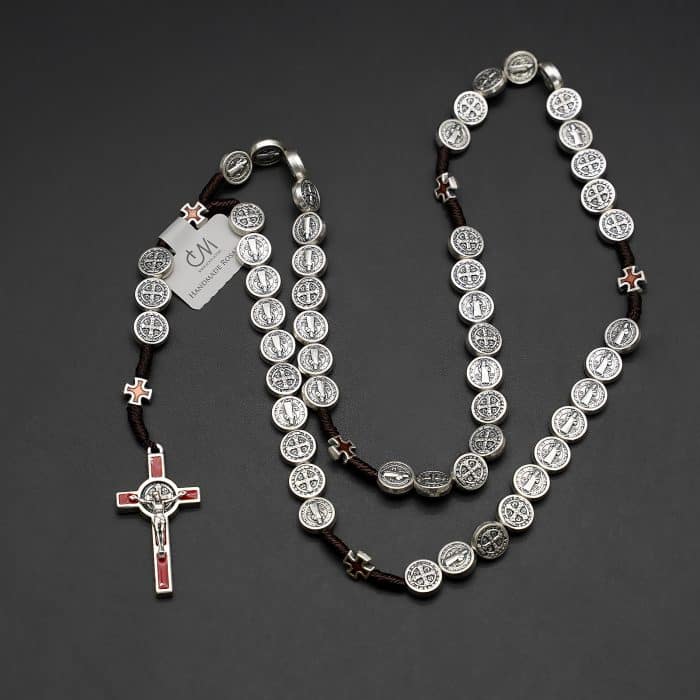 手工编织圣本笃玫瑰念珠 - 珐琅十字架与圣本笃奖章 Catholic religious art