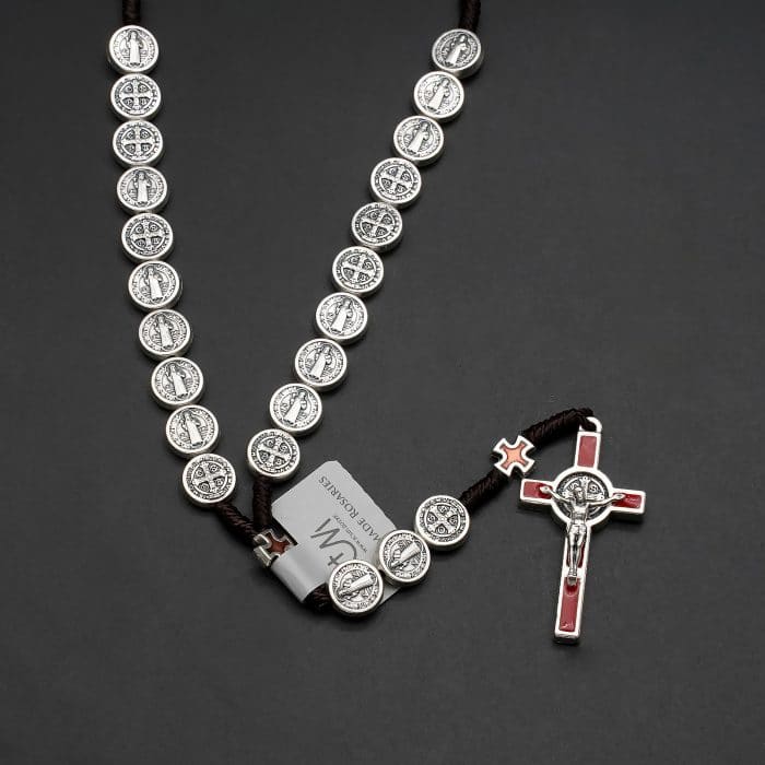 手工编织圣本笃玫瑰念珠 - 珐琅十字架与圣本笃奖章 Catholic religious art