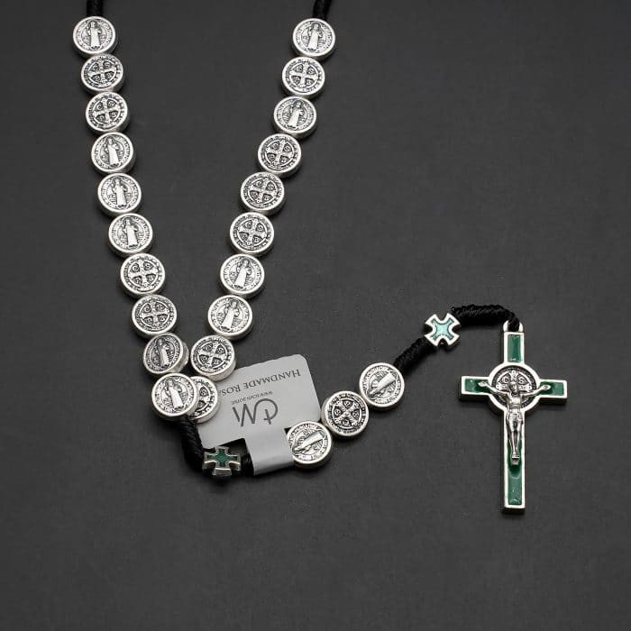 手工编织圣本笃玫瑰念珠 - 珐琅十字架与圣本笃奖章 Catholic religious art
