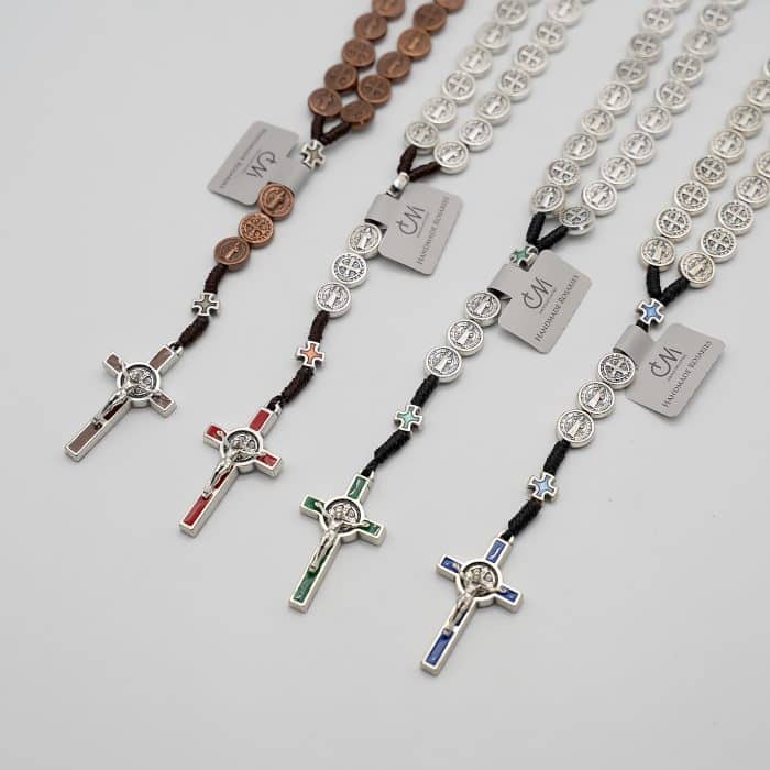 手工编织圣本笃玫瑰念珠 - 珐琅十字架与圣本笃奖章 Catholic religious art