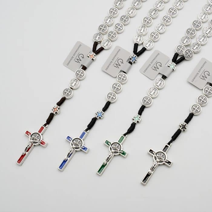 手工编织圣本笃玫瑰念珠 - 珐琅十字架与圣本笃奖章 Catholic religious art