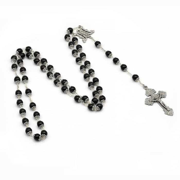 Rosary Beads- Original Design - Black Agate Beads - 8mm (With Holy Family Metal Case) Catholic religious art