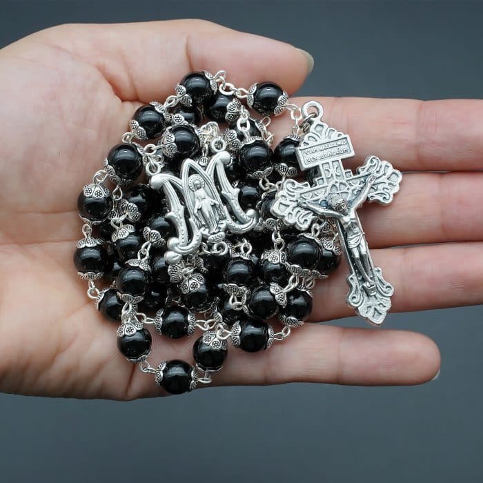 Rosary Beads- Original Design - Black Agate Beads - 8mm (With Holy Family Metal Case) Catholic religious art