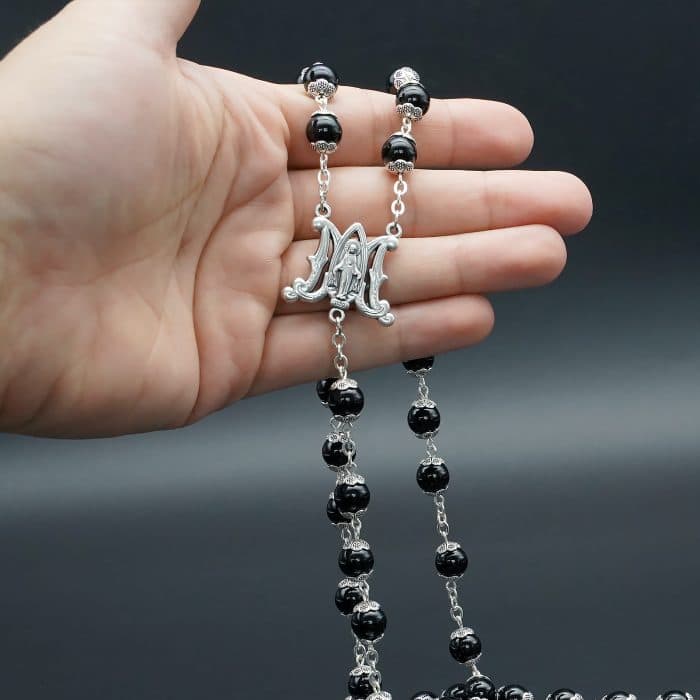 Rosary Beads- Original Design - Black Agate Beads - 8mm (With Holy Family Metal Case) Catholic religious art