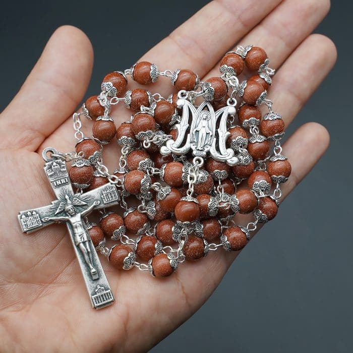 玫瑰念珠-圣母显灵三通-罗马四大殿十字架-金沙石珠-8mm送念珠包 Catholic religious art
