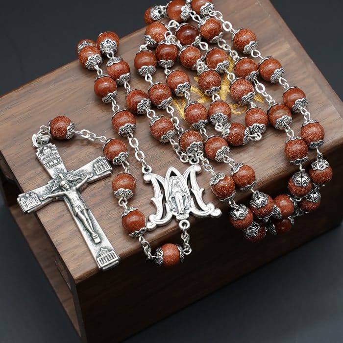 玫瑰念珠-圣母显灵三通-罗马四大殿十字架-金沙石珠-8mm送念珠包 Catholic religious art