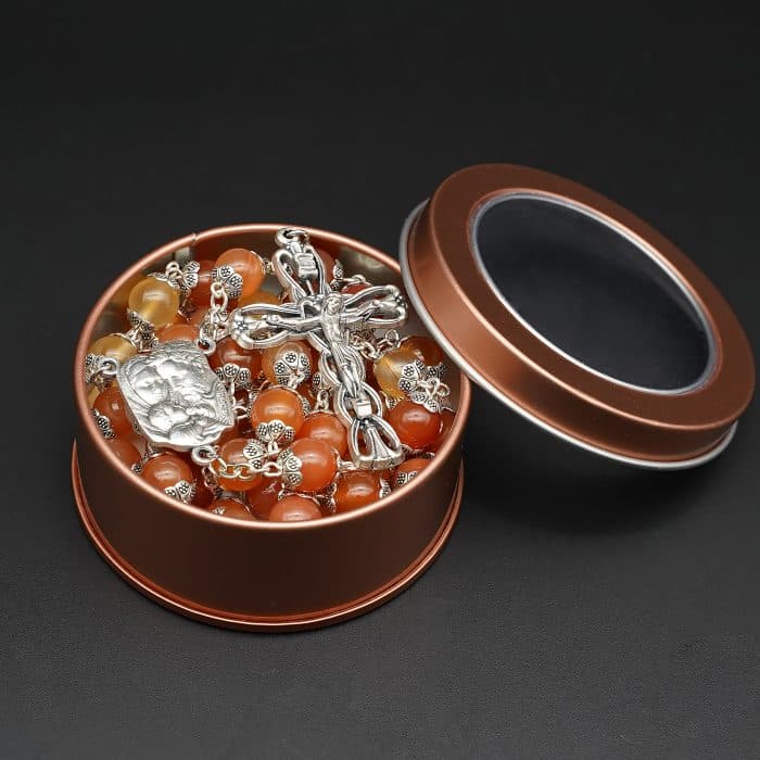 8毫米天然玛瑙玫瑰念珠 - 圣母与圣婴中心挂件 Catholic religious art