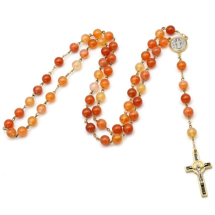 Rosary - Natural Agate with Gold Benedict - 8 mm Catholic religious art