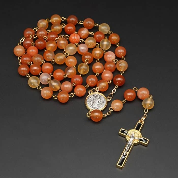 Rosary - Natural Agate with Gold Benedict - 8 mm Catholic religious art