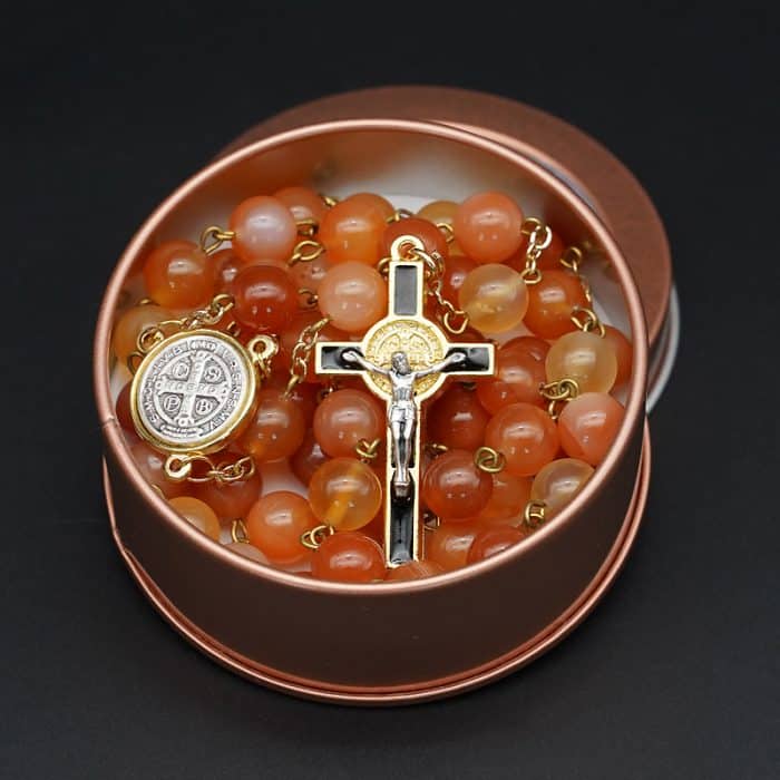 Rosary - Natural Agate with Gold Benedict - 8 mm Catholic religious art